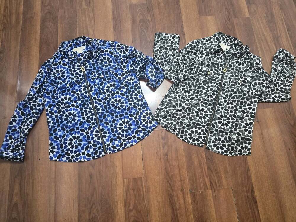 Set Of 2 Michael Kors Zip Front Collared Long Sleeve Blouses Black, Blue, White